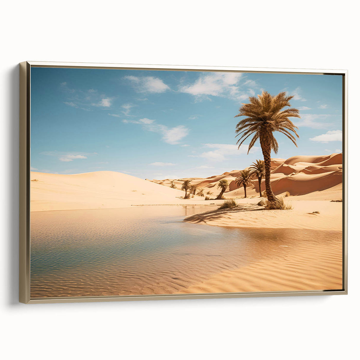 Framed canvas wall art depicting a vintage-style landscape of Oman with muted gold and black tones, ideal for bedroom decor.
