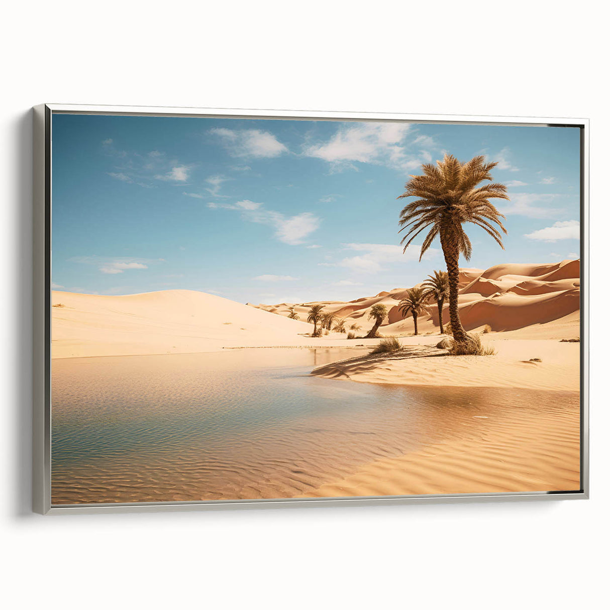 Landscape art painting of a Middle Eastern scene in muted earth tones on a framed canvas.