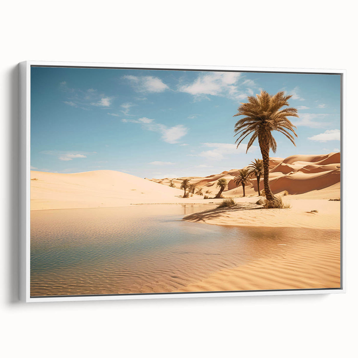 Vintage poster art of an Oman scenery on a large framed canvas, with vibrant colors against a black background.