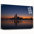 Large abstract wall art of Abu Dhabi skyline in muted blue and purple tones on acrylic glass.