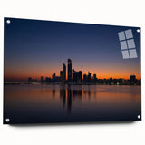 Large abstract wall art of Abu Dhabi skyline in muted blue and purple tones on acrylic glass.
