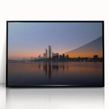 Large abstract wall art of Abu Dhabi skyline in muted black and gray tones on a framed acrylic.