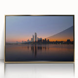 Large art print of Abu Dhabi skyline in gold tones on framed acrylic, ideal for modern art wall decor.