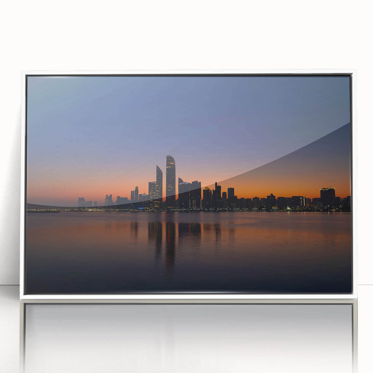 Art Deco poster of Abu Dhabi skyline in muted gray and white tones on framed acrylic, suitable for modern art wall decor.