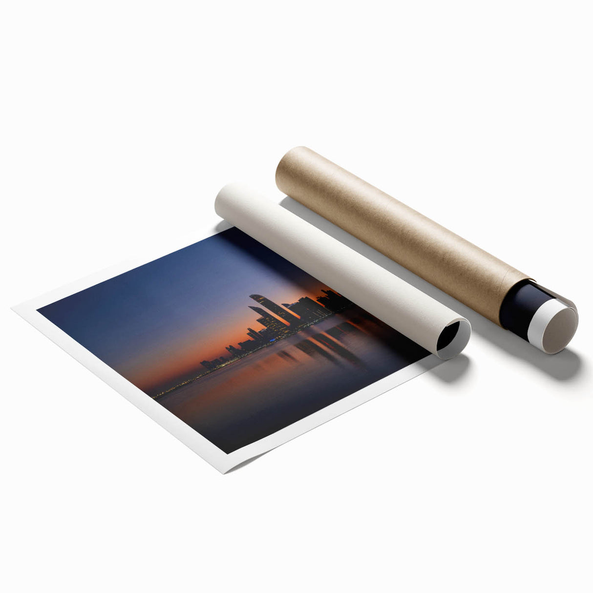 Large rolled canvas print of Abu Dhabi skyline in muted gray and blue tones, ideal for classy bathroom wall art.