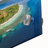 Large abstract wall art depicting vibrant oceanic hues on acrylic glass.