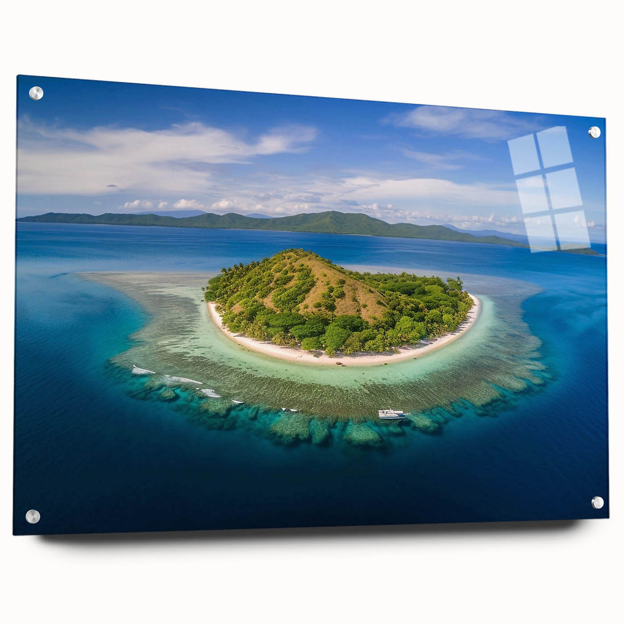 Large abstract wall art depicting an oceanic Fiji scenery on acrylic glass, ideal for bedroom or dining room decor.