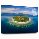 Large abstract oceanic scene in blue and turquoise hues on acrylic glass, ideal for bedroom or dining room art.