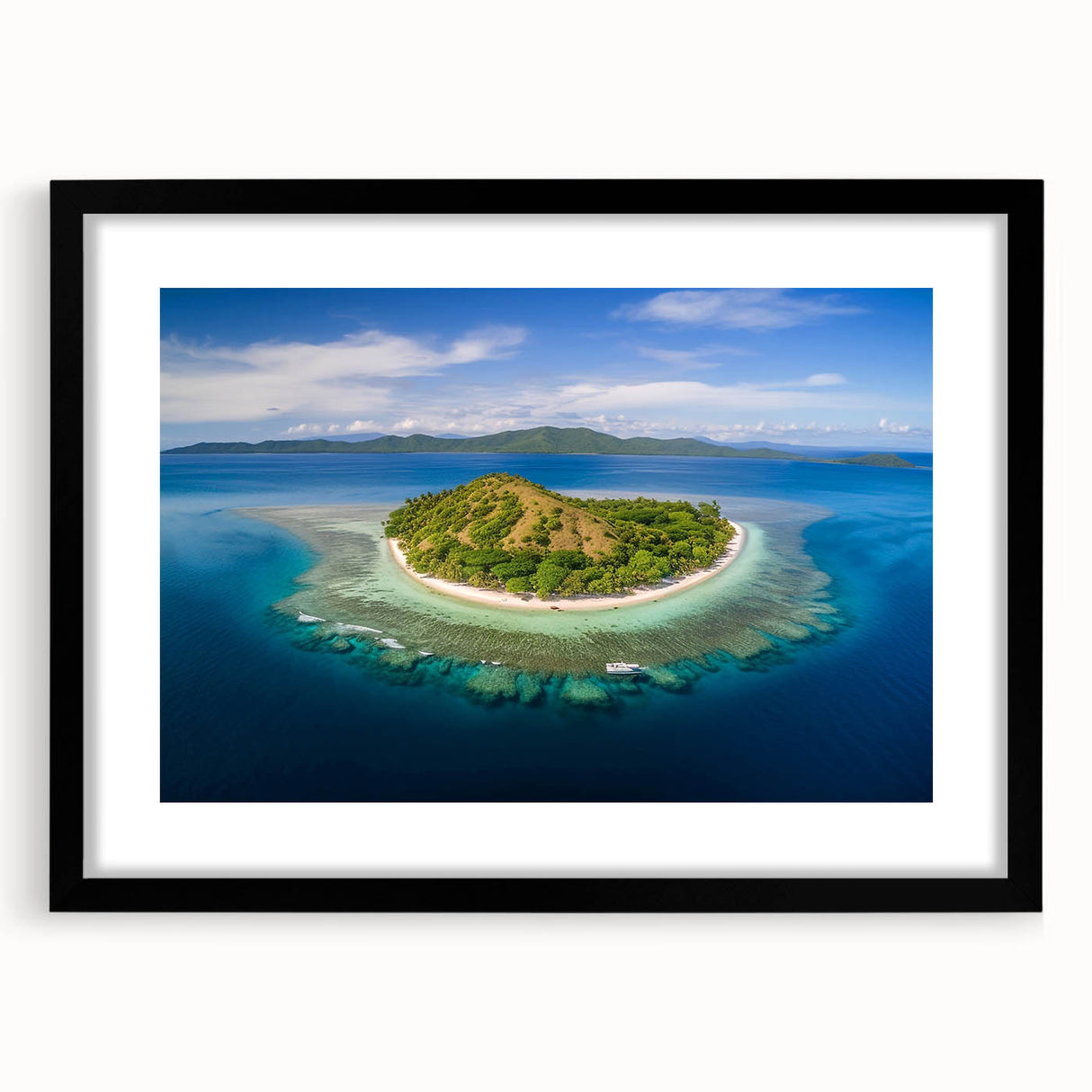 Abstract art print with vibrant, colorful textures depicting oceanic scenes, framed in black.