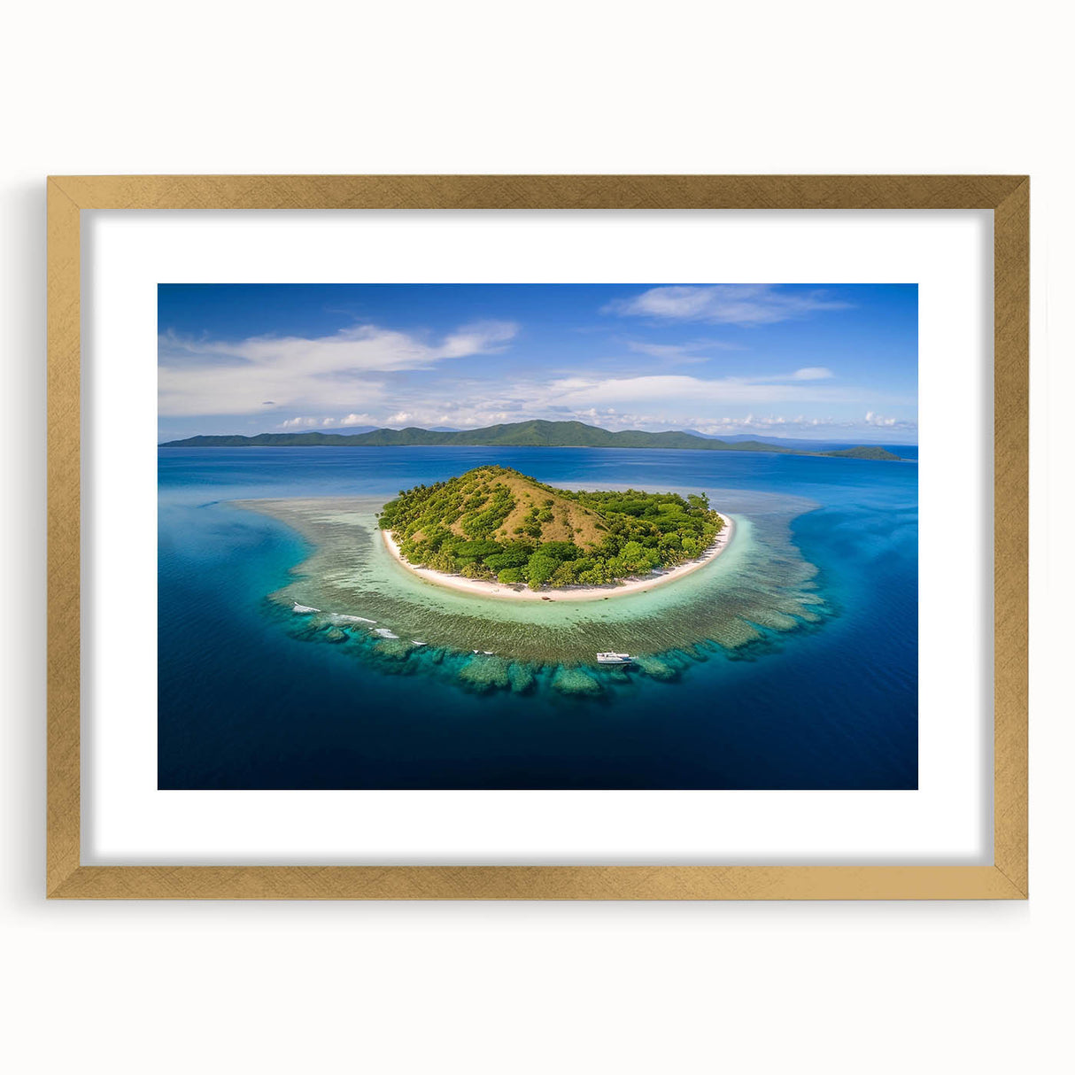 Extra large abstract art print depicting textured oceanic scenery in muted blue and green hues, framed in gold.
