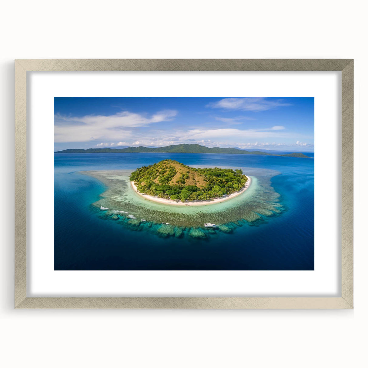 Textured art depicting abstract ocean waves in cool blue and white tones on a framed silver mat, ideal for bedroom art.