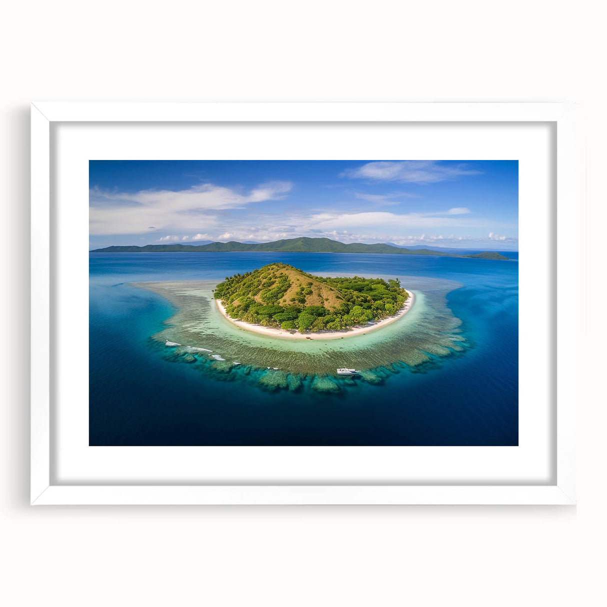 Abstract art print depicting serene Oceania Fiji scenery in muted blue and green tones on a framed white mat.