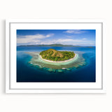 Abstract art print depicting serene Oceania Fiji scenery in muted blue and green tones on a framed white mat.