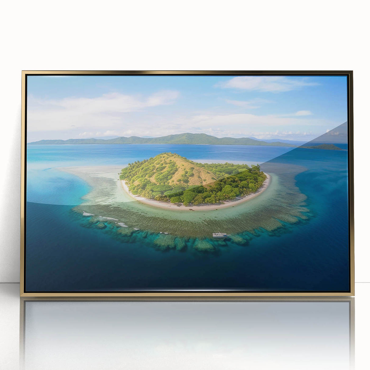 Large art print of a mid-century modernist ocean scene in Fiji, framed in gold acrylic, ideal for modern art wall decor.