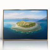 Large art print of a mid-century modernist ocean scene in Fiji, framed in gold acrylic, ideal for modern art wall decor.