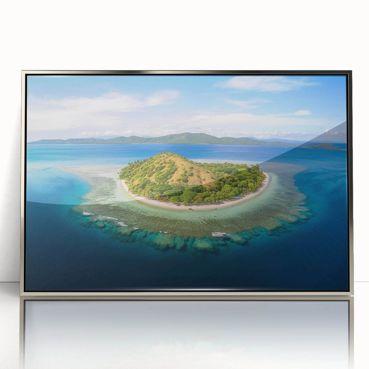 Mid-century modernist art depicting a serene Fiji beach scene, framed in silver acrylic, with pastel blue and sand tones.