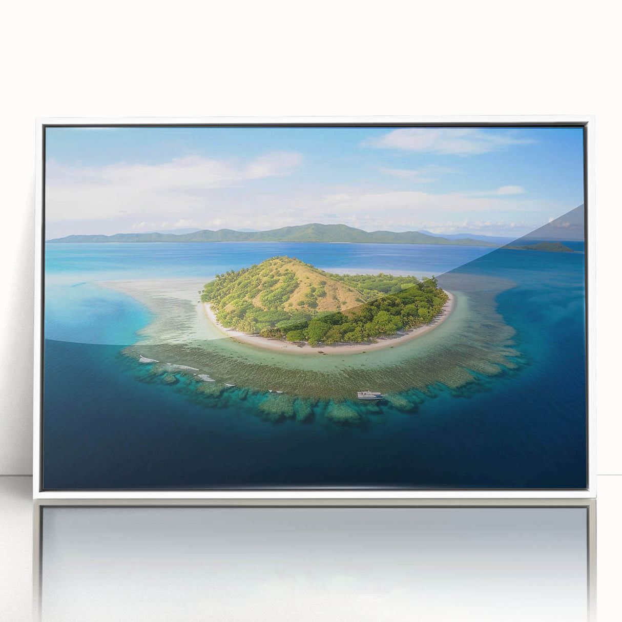Art deco poster of Fiji scenery in pastel shades on white framed acrylic, ideal for modern nursery wall art.