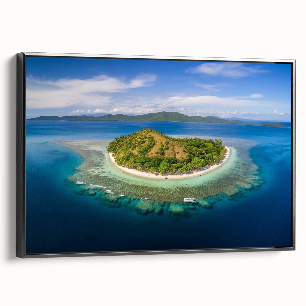 Framed canvas depicting a black and white vintage-style landscape of Fiji, ideal for bedroom wall decor.