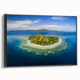 Framed canvas depicting a black and white vintage-style landscape of Fiji, ideal for bedroom wall decor.