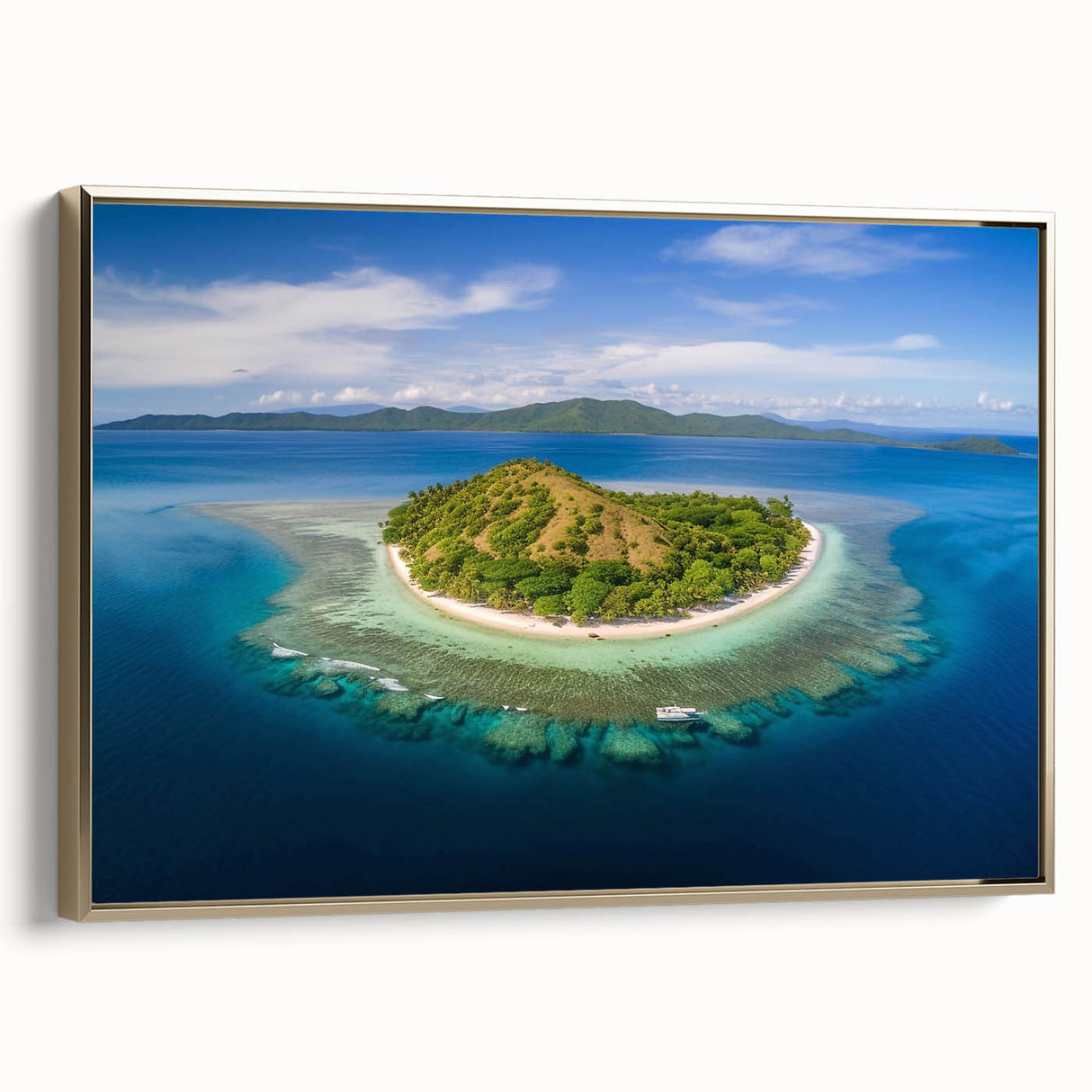 Framed canvas wall art depicting a vintage-style landscape of Oceania, Fiji in black and gold tones, ideal for bedroom decor.