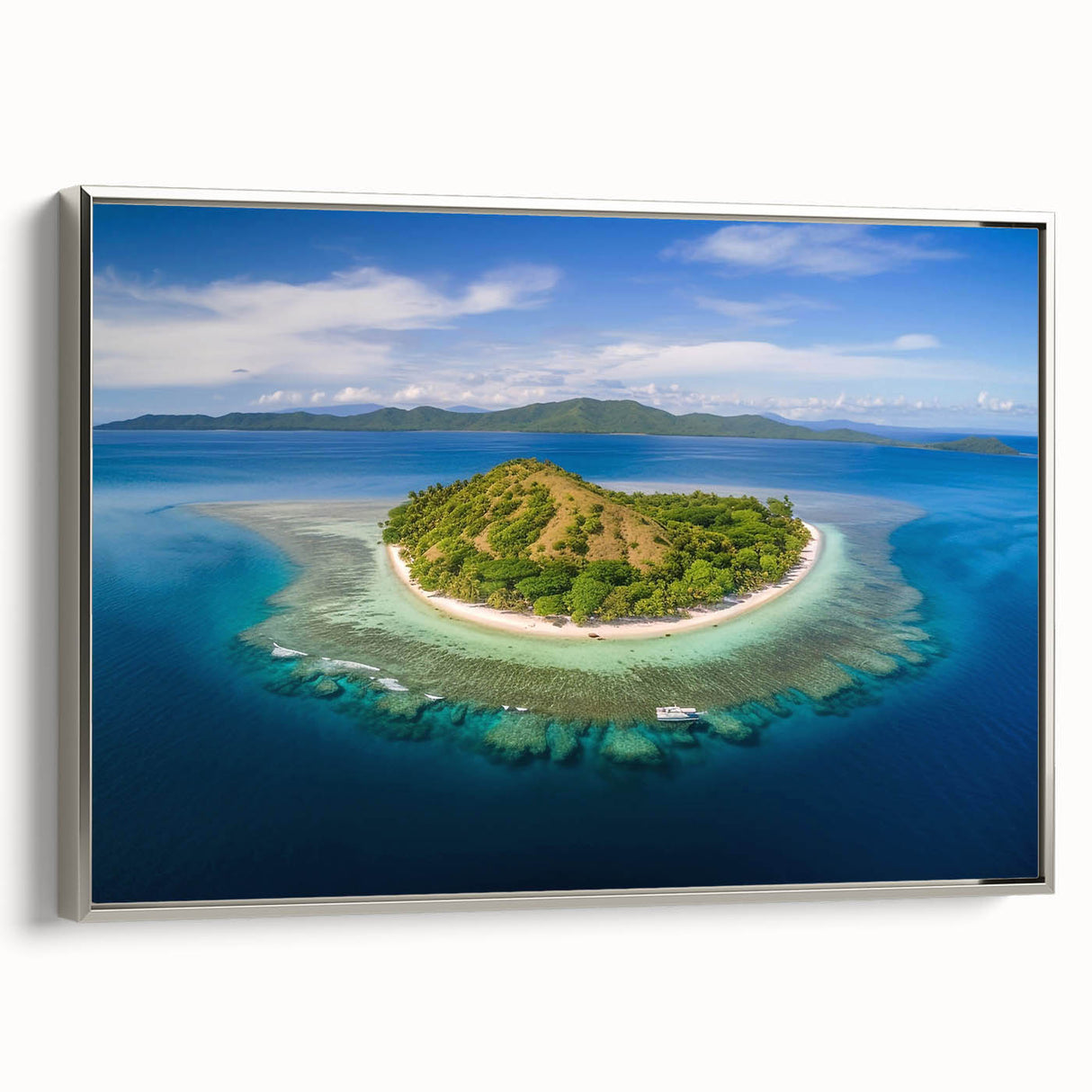 Landscape art painting of a Fijian beach scene on a framed canvas, featuring vibrant blue and green tones.