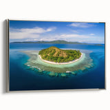 Landscape art painting of a Fijian beach scene on a framed canvas, featuring vibrant blue and green tones.