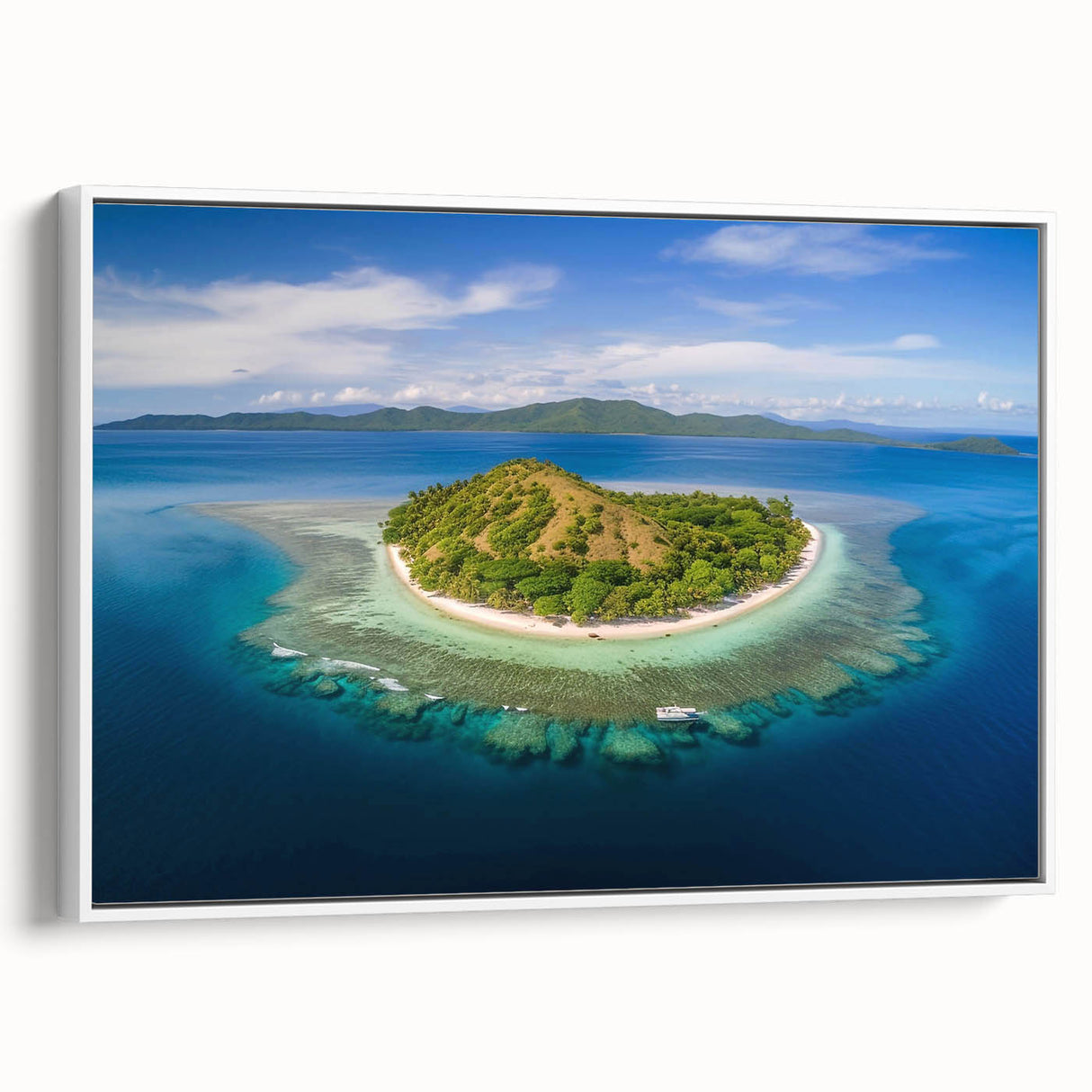 Vintage poster art of a colorful Oceania Fiji scenery on extra large framed canvas, ideal for living room decor.
