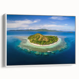 Vintage poster art of a colorful Oceania Fiji scenery on extra large framed canvas, ideal for living room decor.