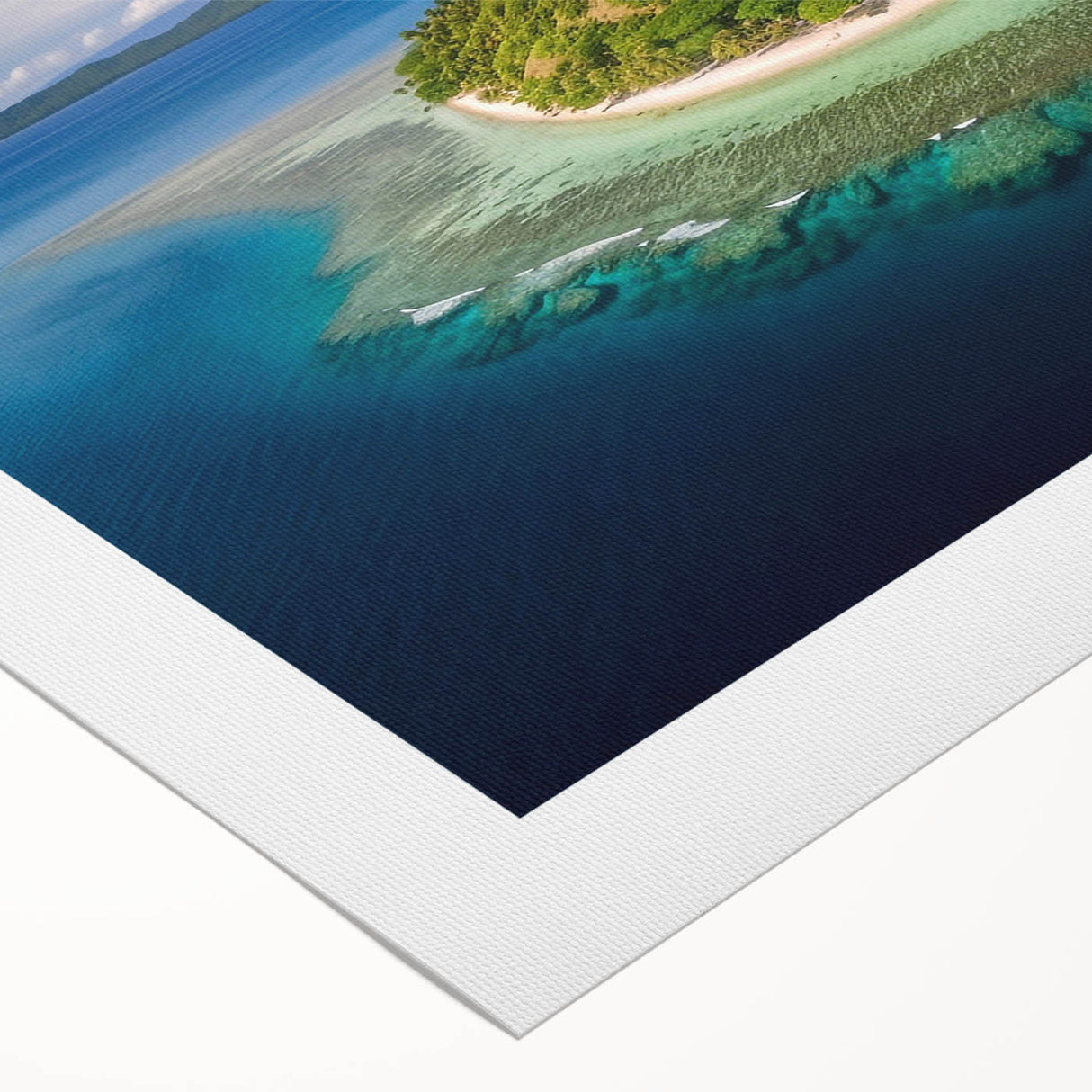 Art deco poster of a serene Fiji beach scene in muted blues and greens on rolled canvas, suitable for dining room ambiance.