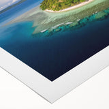 Art deco poster of a serene Fiji beach scene in muted blues and greens on rolled canvas, suitable for dining room ambiance.
