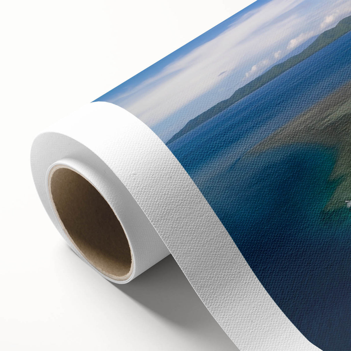 Art Deco poster of a serene Fiji oceanscape in cool blue hues on rolled canvas, perfect for nursery wall art.