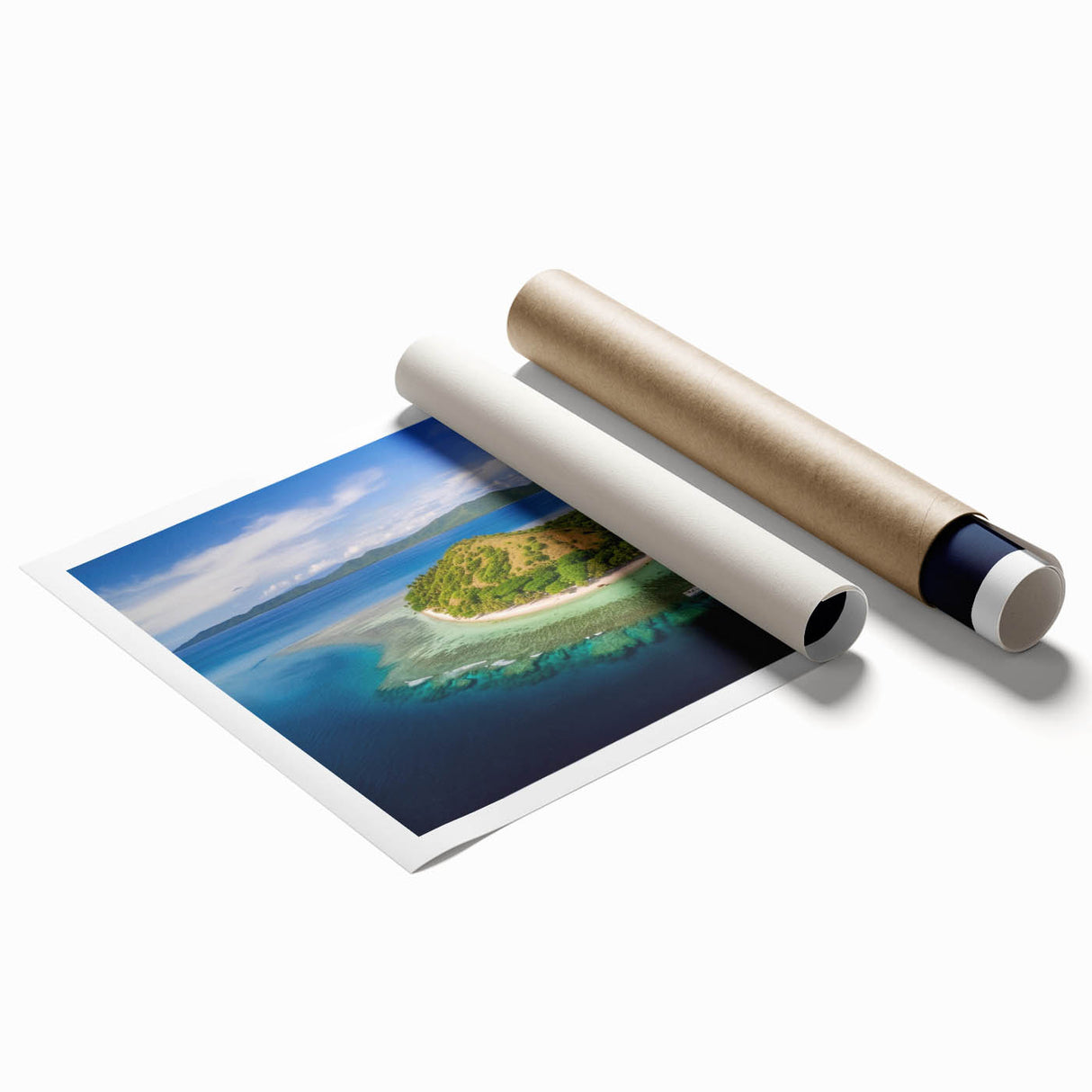 Extra large rolled print of a serene oceanic Fiji scenery in pastel shades, ideal for classy bathroom wall art.