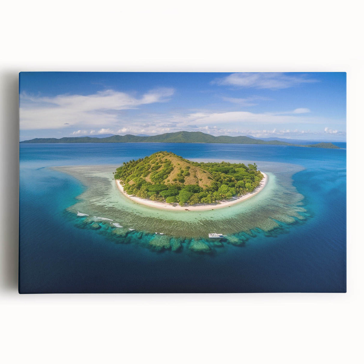 Black and white photograph of a serene Fiji beach on a stretched canvas, suitable for kitchen wall art.