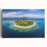 Black and white photograph of a serene Fiji beach on a stretched canvas, suitable for kitchen wall art.