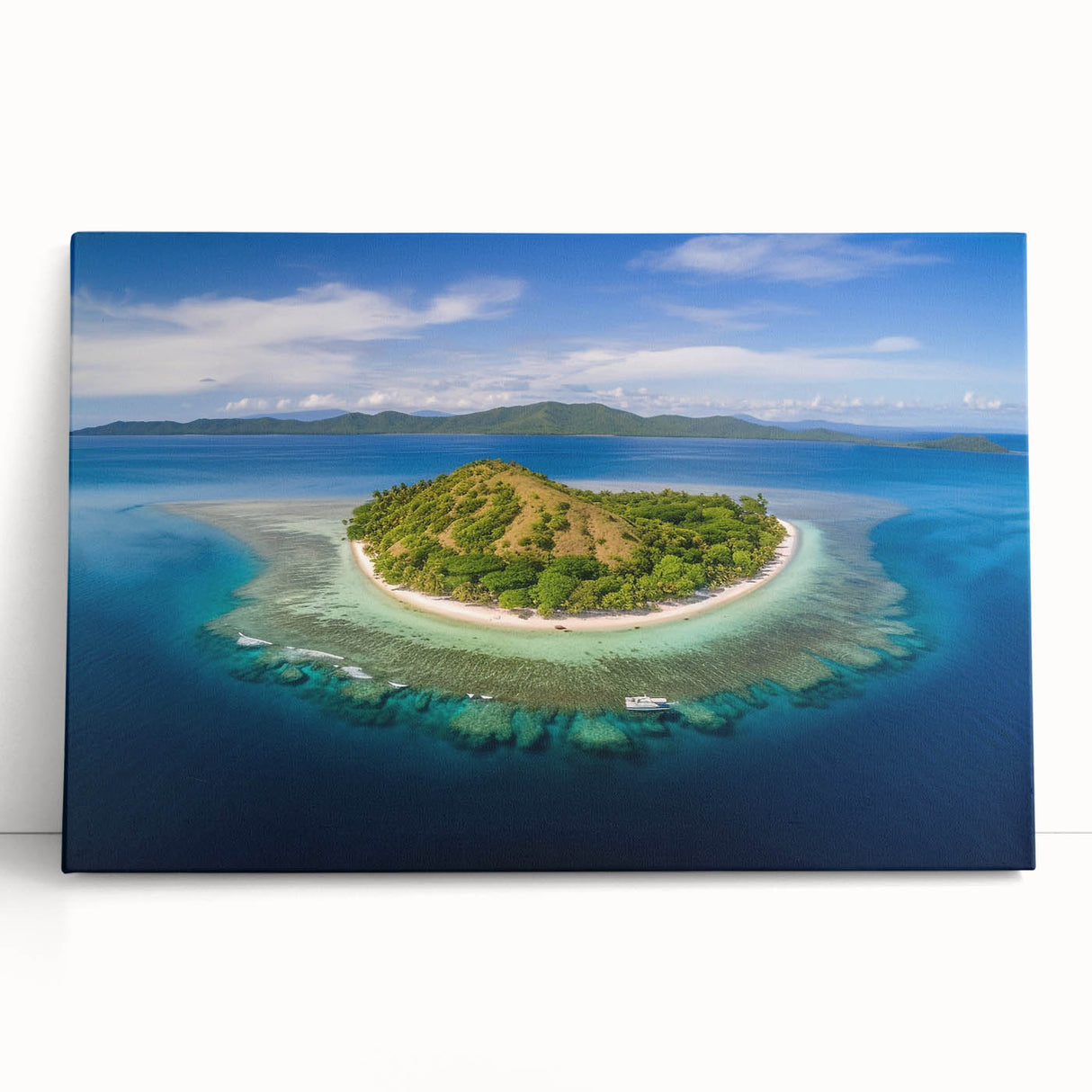 Black and white stretched canvas of a serene Fiji beach scene, ideal for kitchen wall art or bedroom ambiance.