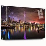 Acrylic print of Auckland, New Zealand with muted blue and green tones, ideal for bedroom or dining room decor.