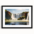 Extra large abstract art print featuring a colorful, textured depiction of a South American scenery on a black framed canvas.