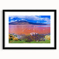Extra large abstract art print depicting a colorful, textured scenery of Bolivia, framed in black.