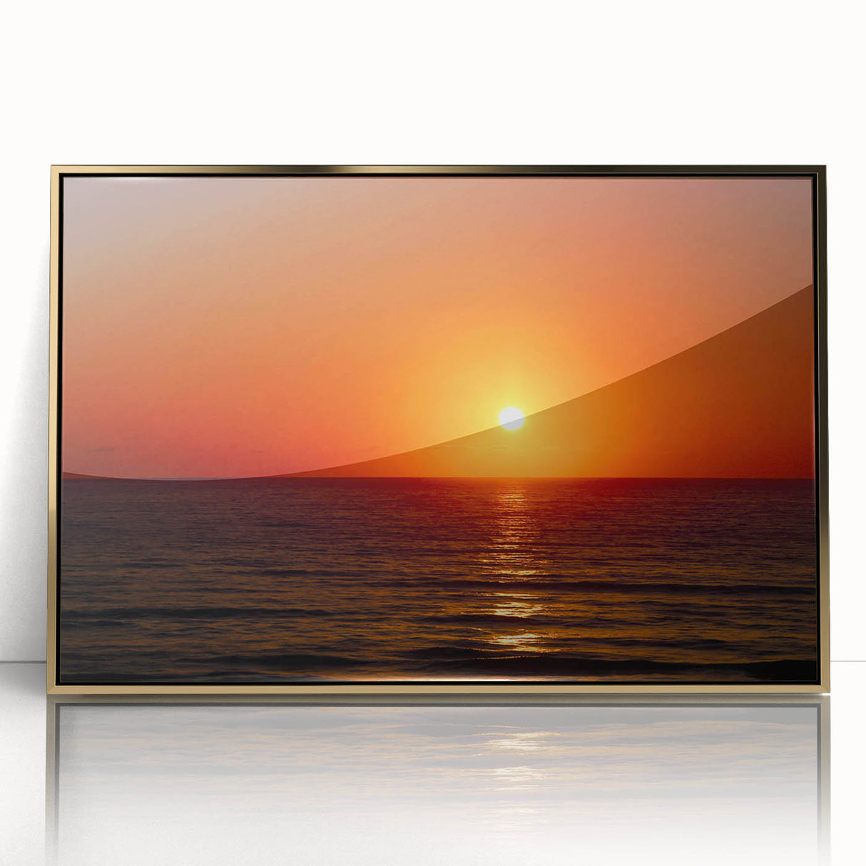 Mid-century modernist style large art print of Daytona scenery in gold tones on framed acrylic.