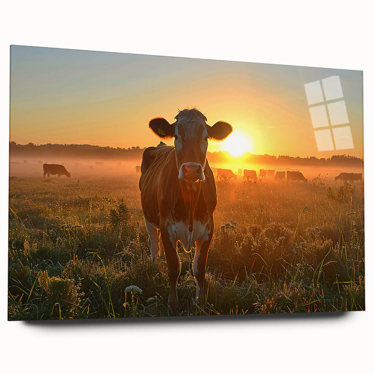 Large abstract wall art depicting a Kentucky landscape in muted greens and blues on acrylic glass.