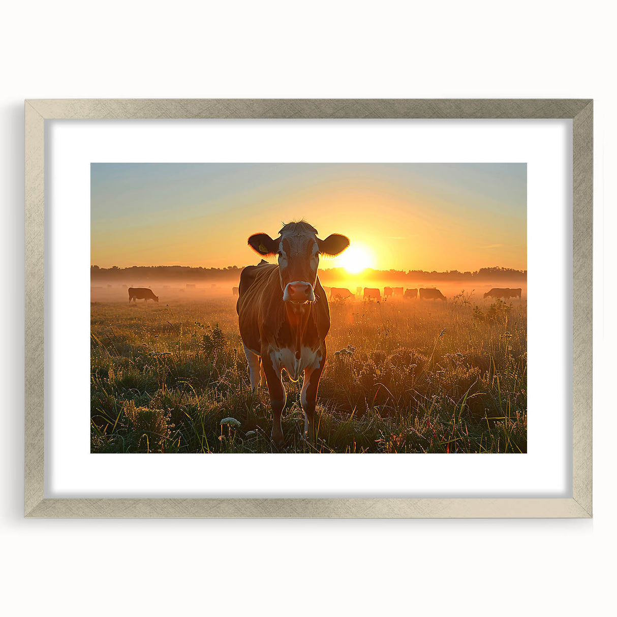 Textured abstract art print of Kentucky scenery in muted earth tones, framed in silver, ideal for bedroom decor.