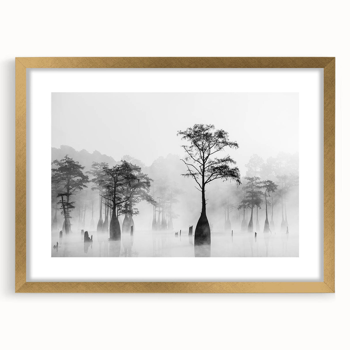 Extra large abstract art print of a textured Louisiana scenery in muted earth tones, framed in gold.