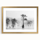 Extra large abstract art print of a textured Louisiana scenery in muted earth tones, framed in gold.