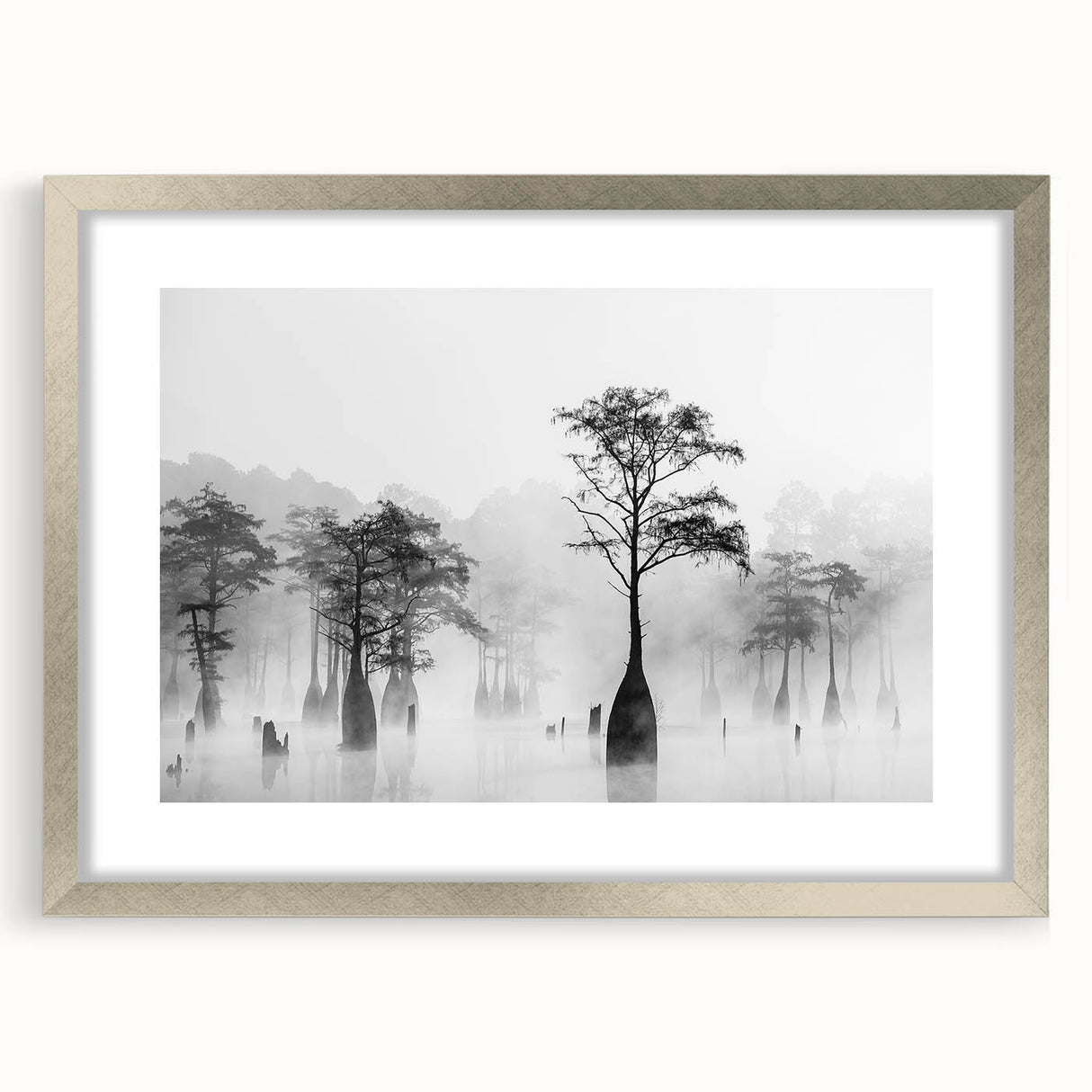 Textured abstract art print of Louisiana scenery in muted earth tones, framed in silver, ideal for bedroom wall decor.