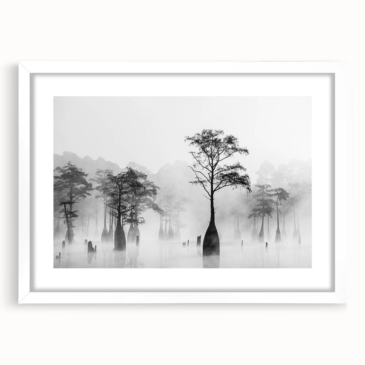 Abstract art print of Louisiana scenery in muted earth tones on a white-framed canvas, suitable for dining room decor.