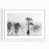 Abstract art print of Louisiana scenery in muted earth tones on a white-framed canvas, suitable for dining room decor.