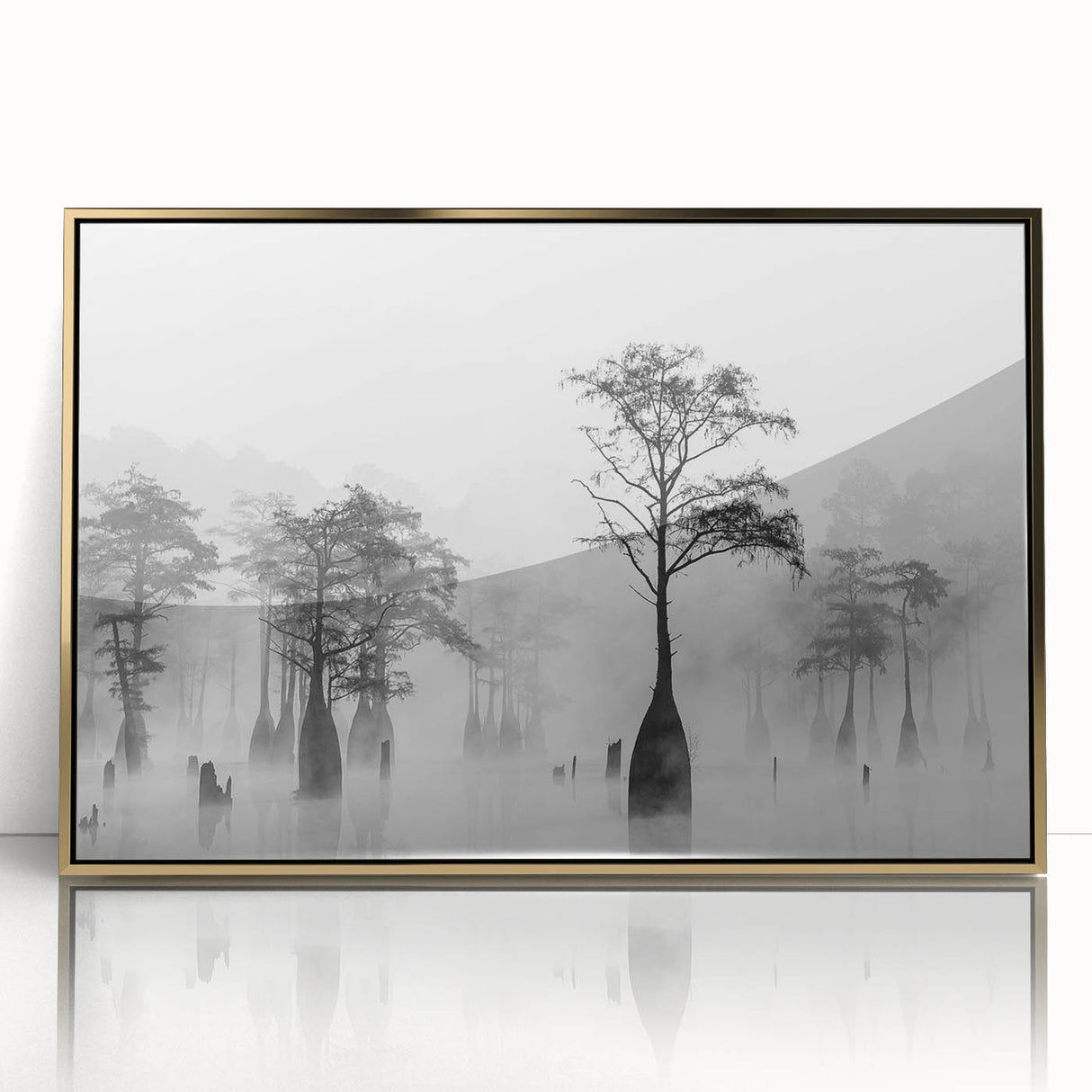 Mid-century modernist acrylic print of a Louisiana landscape in gold tones, ideal for modern art wall decor.