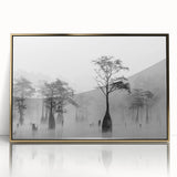 Mid-century modernist acrylic print of a Louisiana landscape in gold tones, ideal for modern art wall decor.