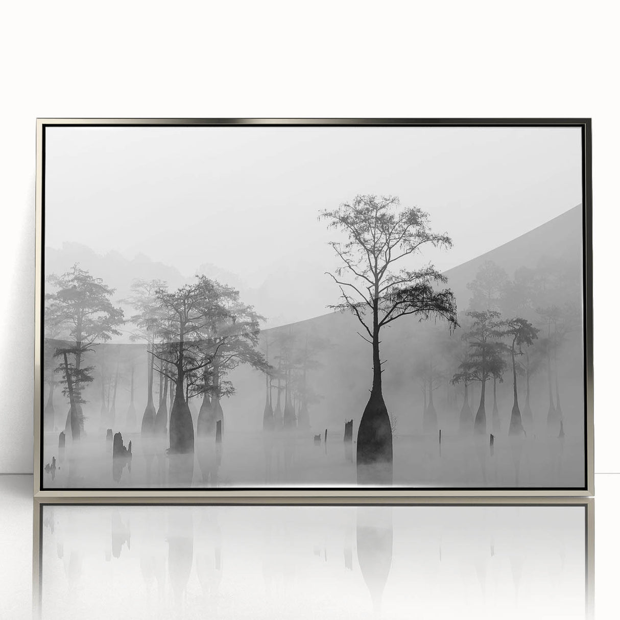 Mid-century modernist art depicting Louisiana scenery in muted earth tones on a silver-framed acrylic print.