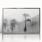Mid-century modernist art depicting Louisiana scenery in muted earth tones on a silver-framed acrylic print.